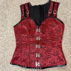 Red Brocade Buckled Steampunk Style Lace-up Corset